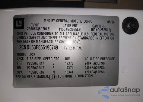 2006 Chevrolet Equinox Lt z USA, uszkodzony, nr VIN 2CNDL63F866190749